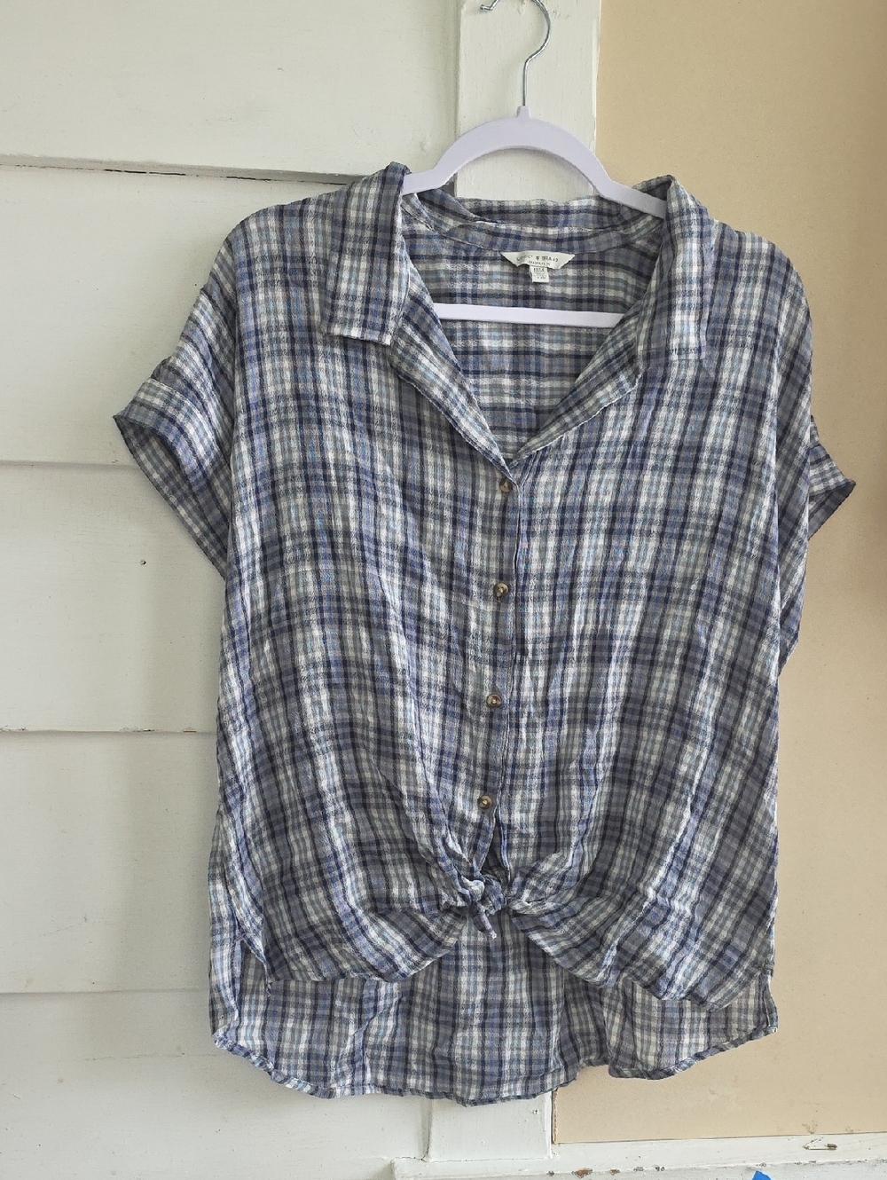 Lucky Brand Blue and Gray Plaid Button-Up Top